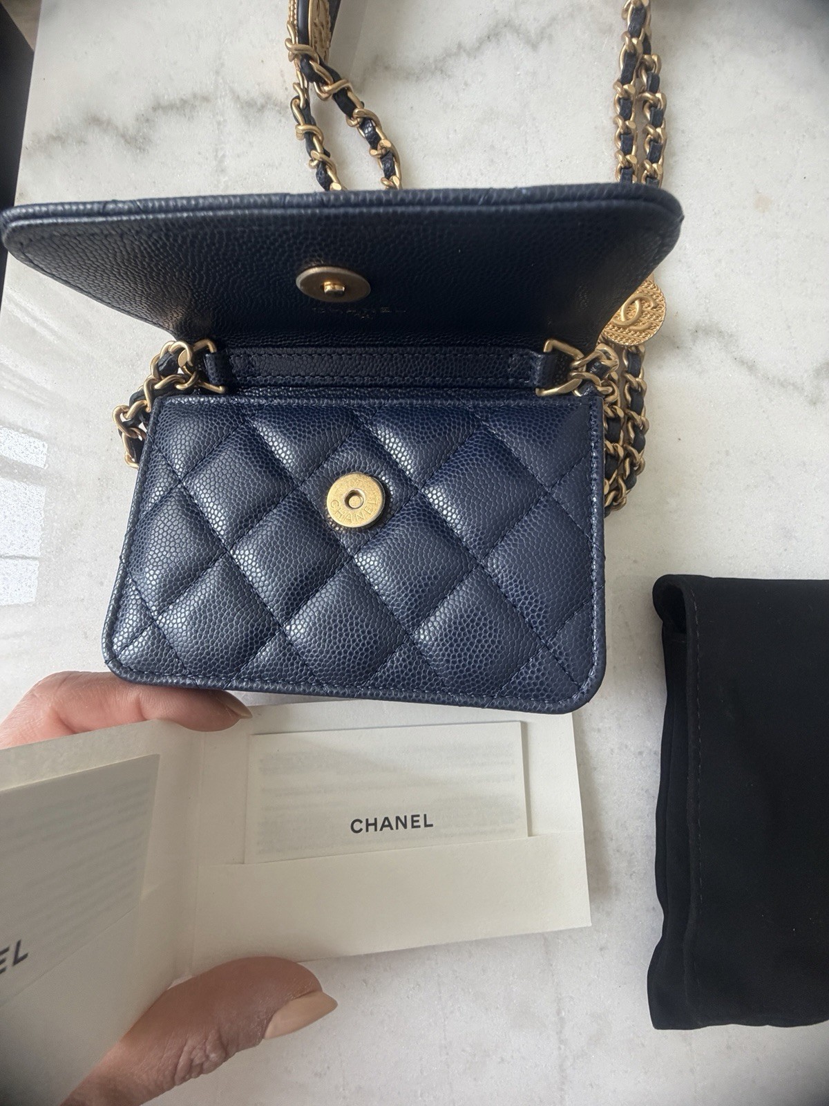 CHANEL Quilted Wallet on Chain WOC Blue Gold CC Logo Chain Strap Snap, Set