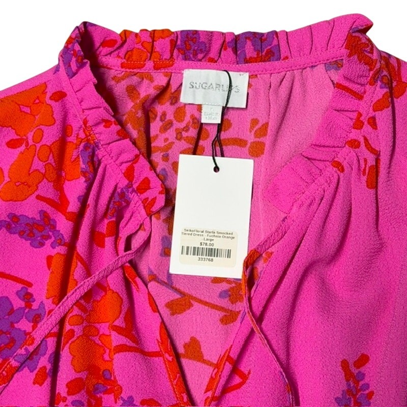 NWT Sugarlips Smocked Tiered Summer Dress Boho Fushia Size L