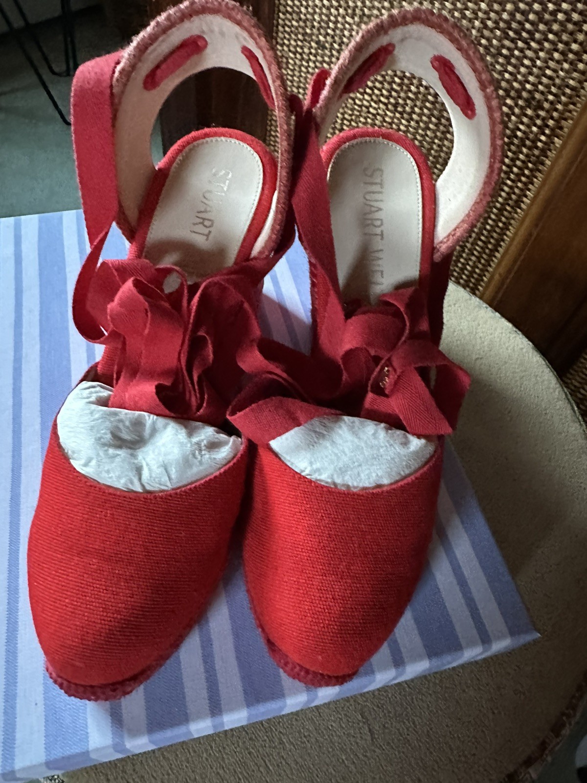 Size 8 New Stuart Weitzman Red Canvas Wedge Espadrille Ankle Wrap Tie Heel