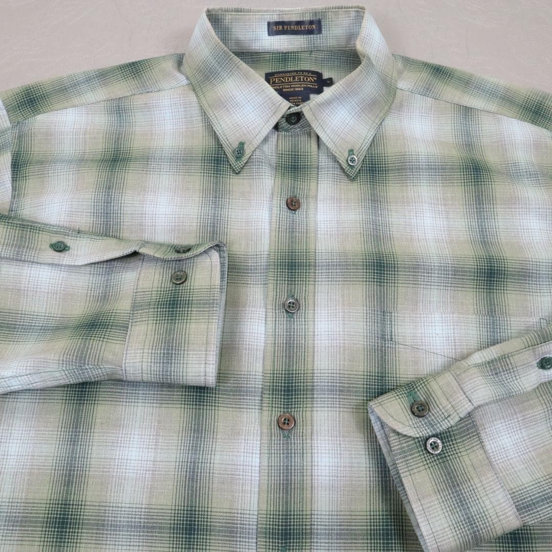 Sir Pendleton Wool Button Shirt Mens Large Green Plaid Long Sleeve Shadow 2003