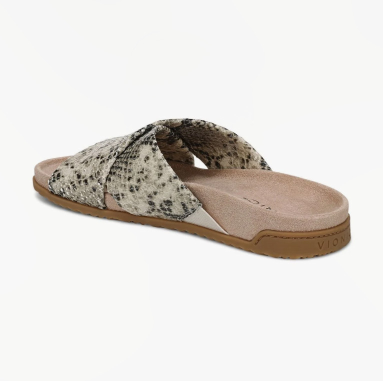 Vionic’s Etna Slide Sandal, Cream Snake Print Leather