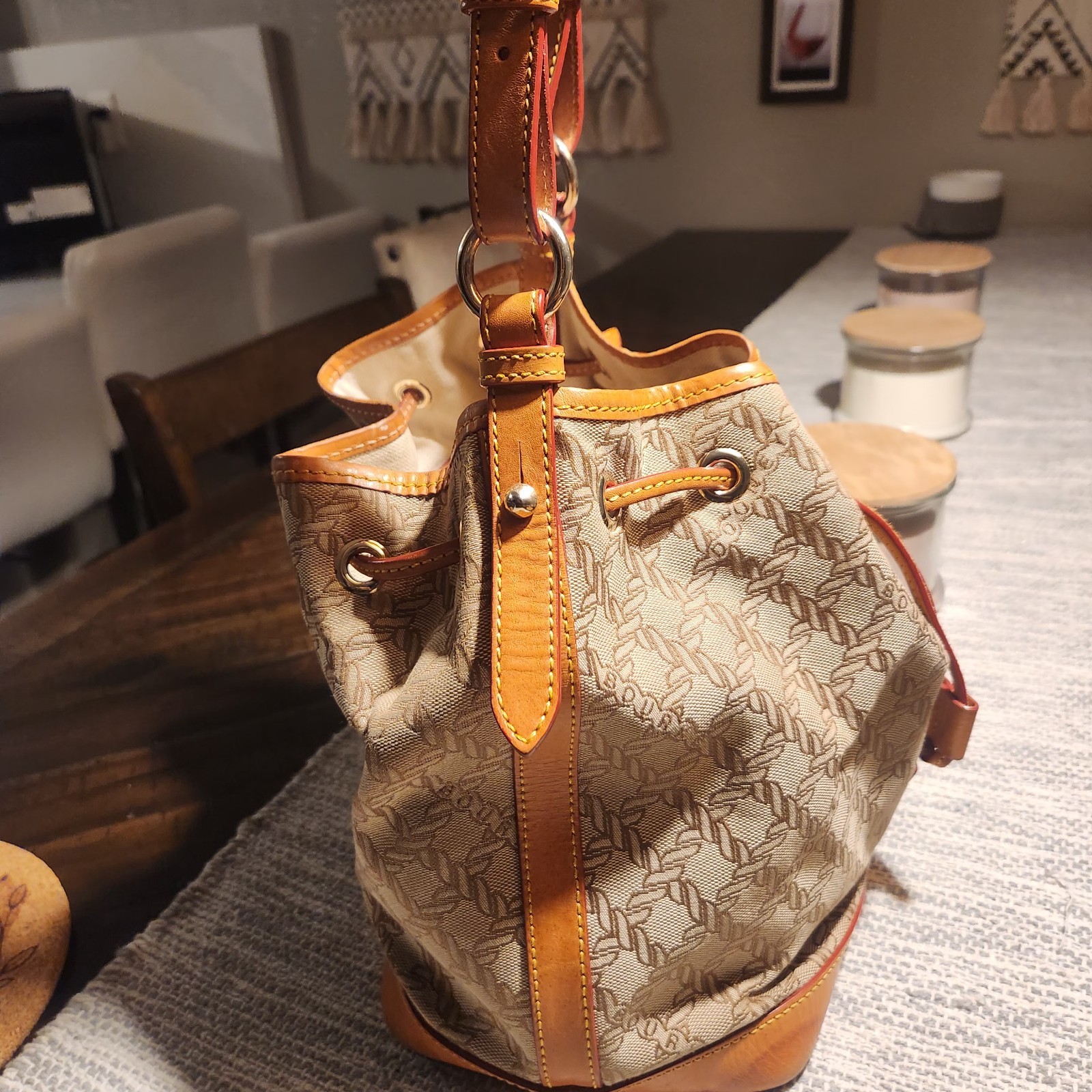 Dooney & Bourke Logo Bucket Drawstring Shoulder Bag Beige/Brown Gold Hardware