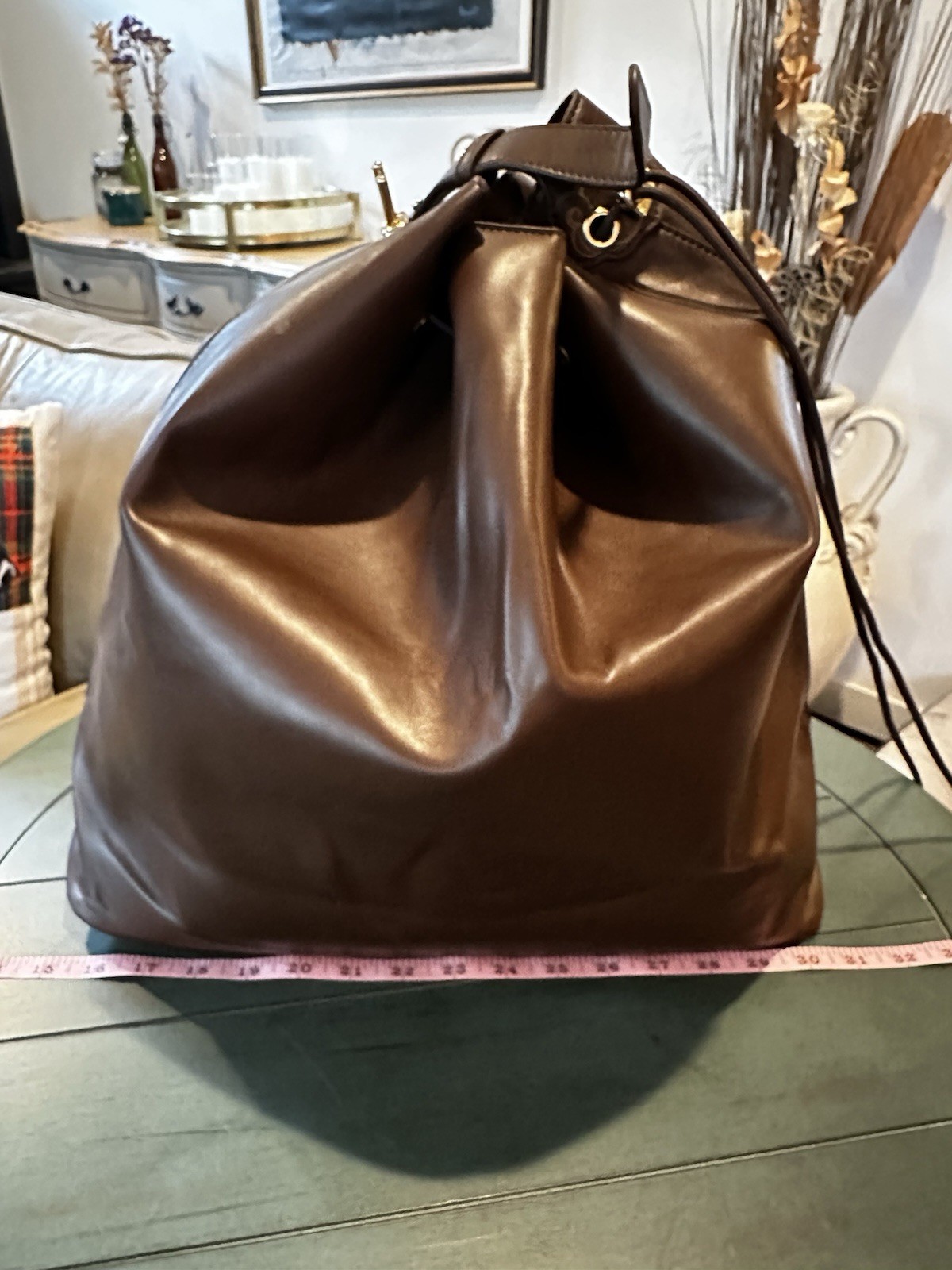 Inside Out Women Brown Bucket Drawstring Bag | Detachable Strap | Gold | Pockets