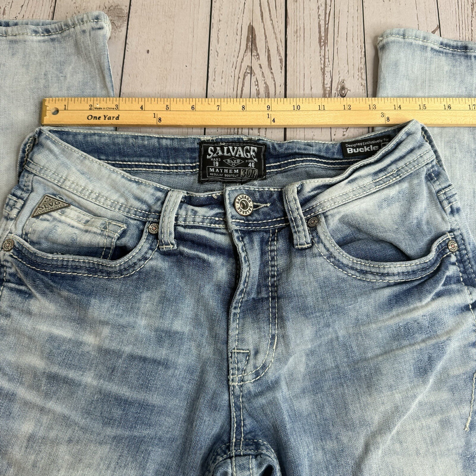 Buckle Salvage Jeans Mens 30R Blue Denim Mayhem Regular Bootcut Distressed 30×30