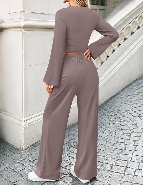 ZESICA Womens 2 Pc Lounge Set Ruched Bell Sleeve Top Wide Leg Pants Rose Taupe M