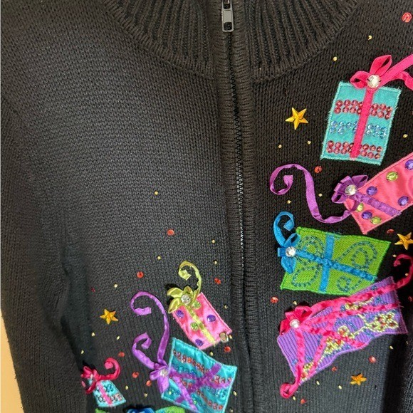 Karen Scott present gift mart Holiday Sweater Black Christmas full zip size S