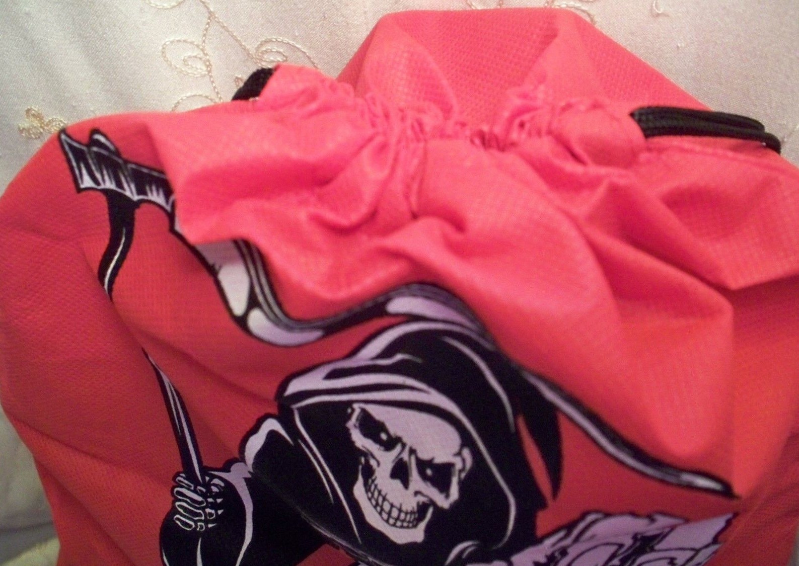 Halloween Trick or Treat Bag Drawstring Backpack Grim Reaper Scythe Skull Red