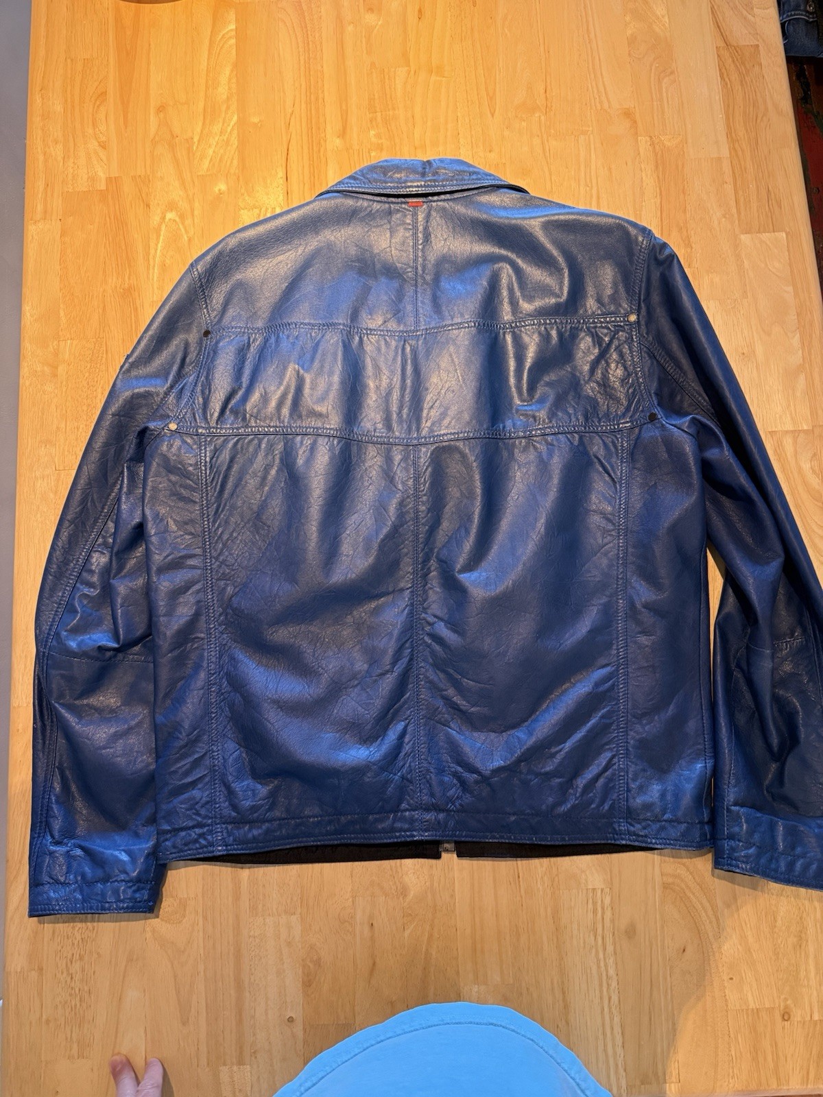Blue Leather Jacket Strellson Racer Jacket XL Swiss Designer Lined Zip Up
