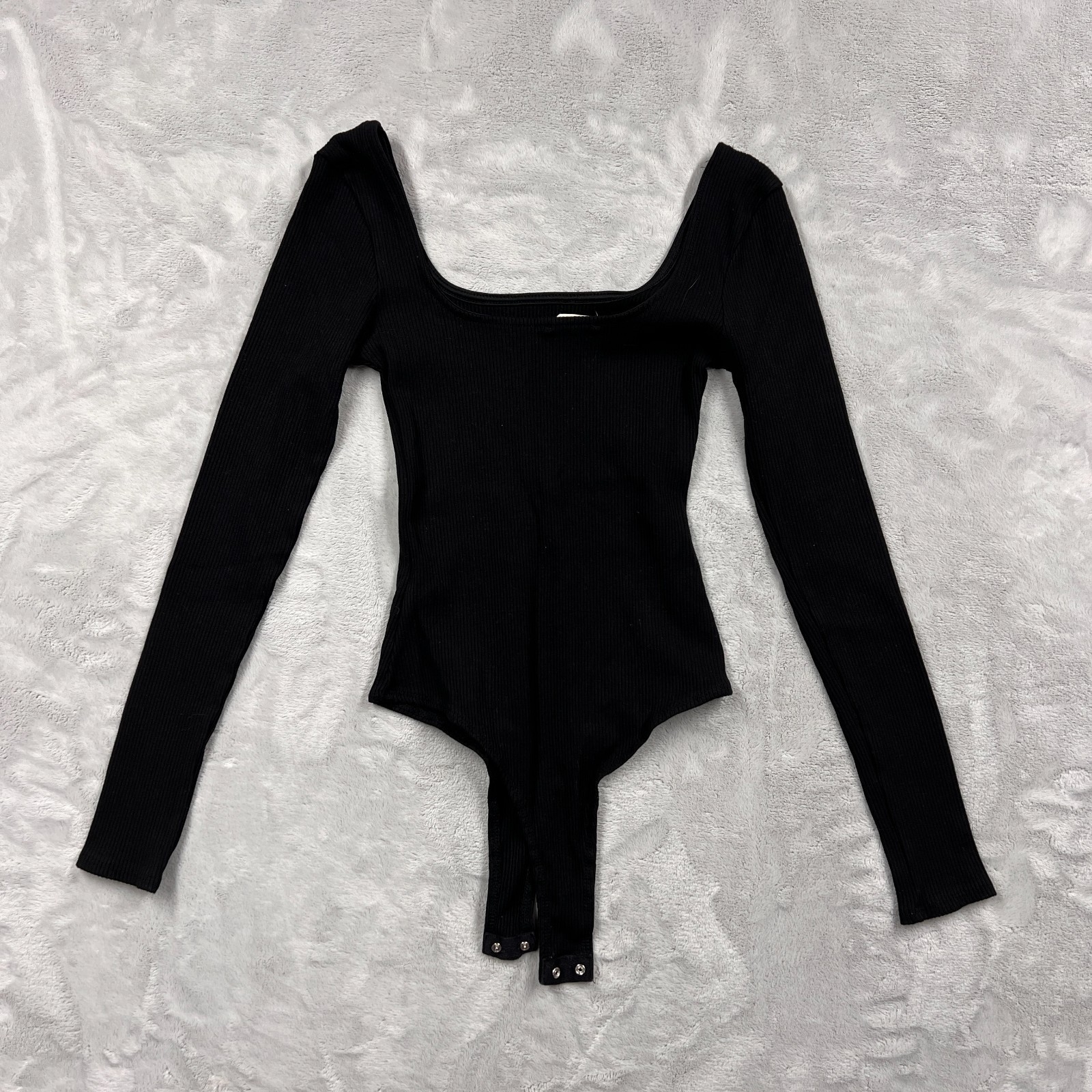 Altar’d State Bodysuit Ribbed Black Snap Crotch Deep U-Neck Pullover Sz XS