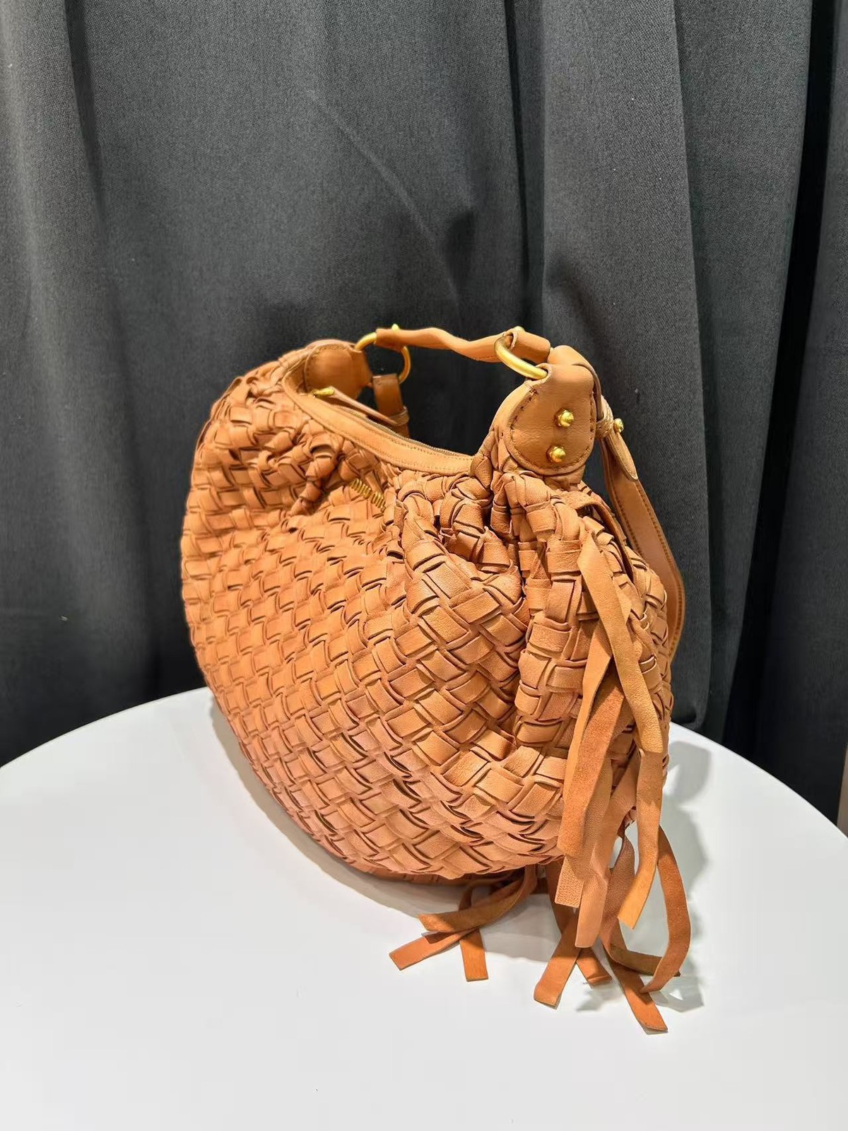 Miu Miu Handbag Woven Tassel Caramel Brown Lambskin Leather Italy