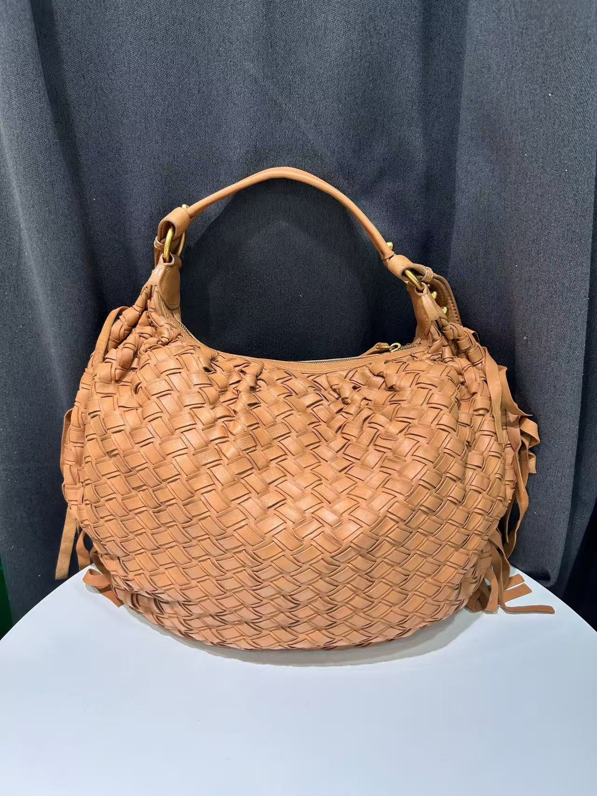 Miu Miu Handbag Woven Tassel Caramel Brown Lambskin Leather Italy