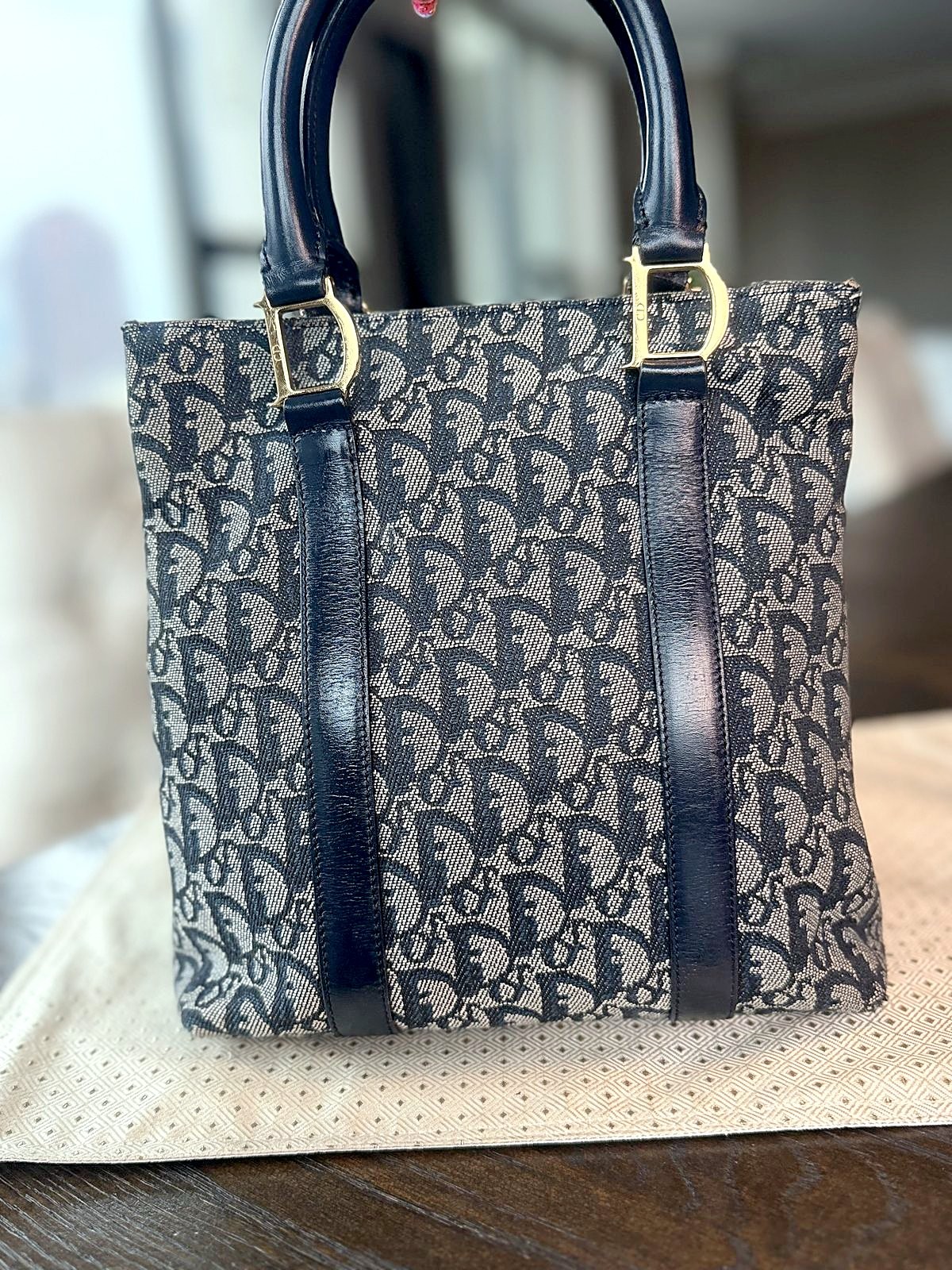 Authentic Christian Dior Navy Trotter Monogram Canvas Tote Bag Gold Hardware
