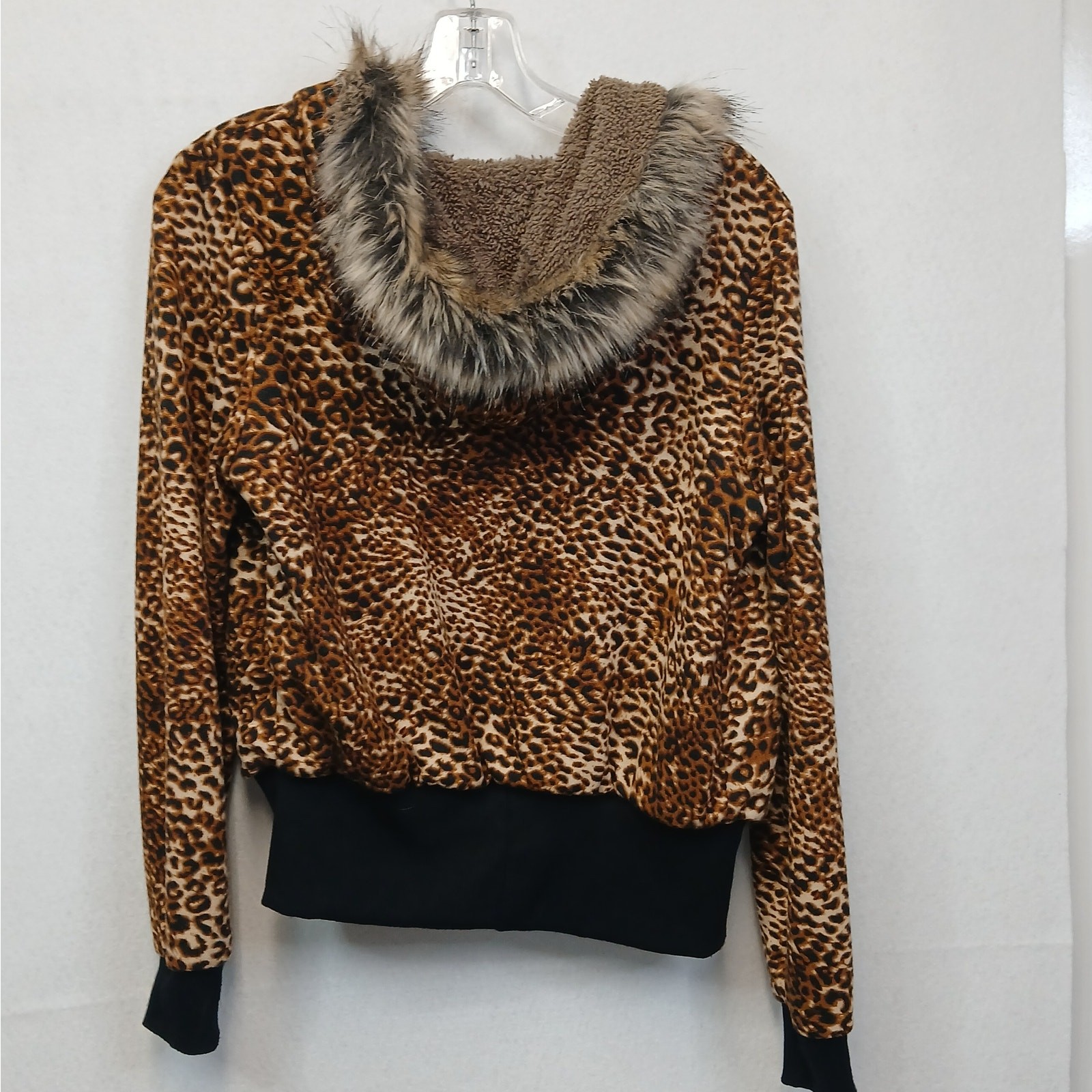 Hendi Hooded Bomber Jacket Leopard Animal Print Faux Fur Trim OS