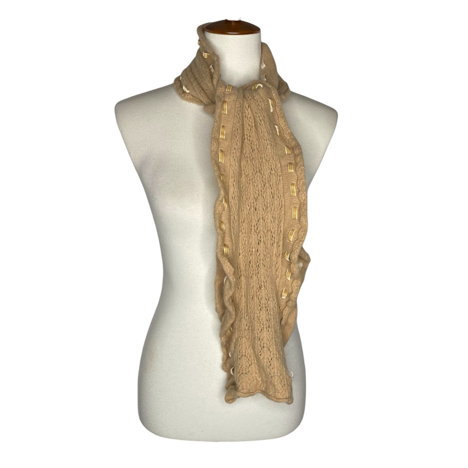 A New Day Wool Scarf Pointelle Open Weave Tan Ribbon Ruffle Coquette Balletcore