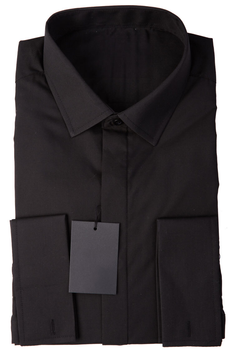 Black Tailored Fit Shirt Cotton Regular Collar Double Cuff Formal Work Wedding