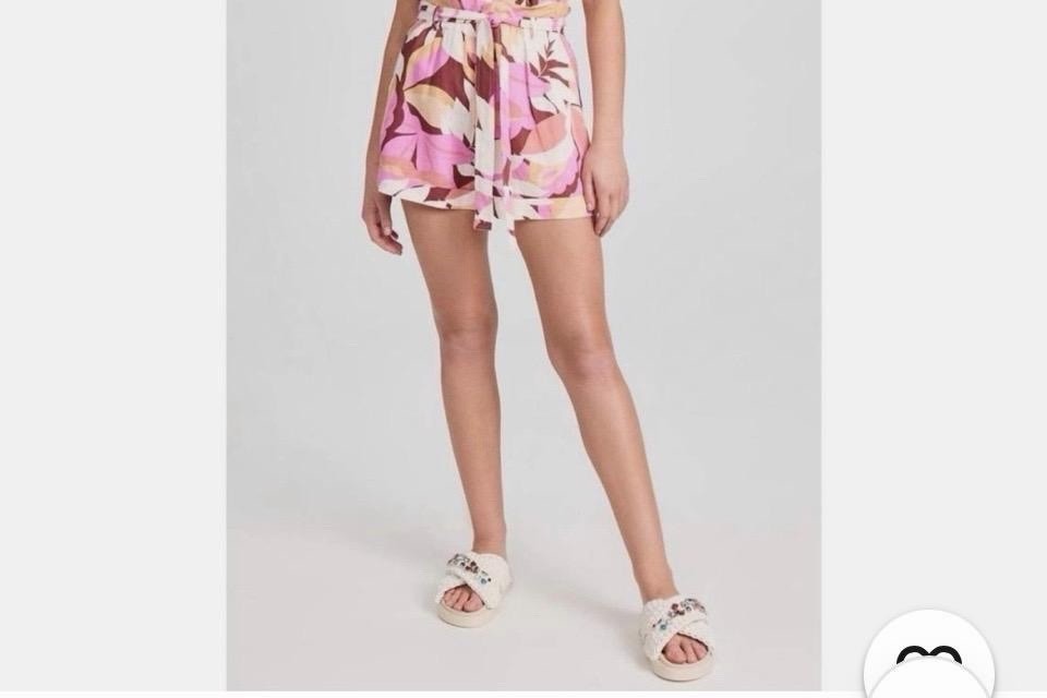 MINKPINK Womens Tropical Leaf Paperbag Shorts Size Small Belted Linen Blend Pink