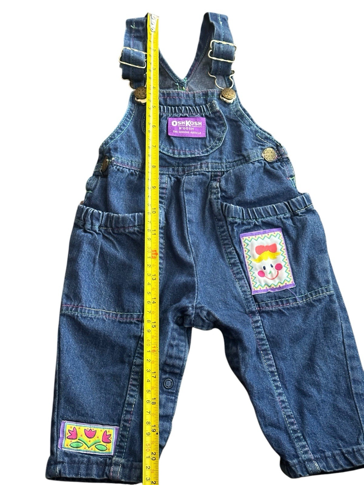 Vtg OshKosh B’gosh Vestbak Denim Overalls Sz 6 / 9 Mos USA Made Patch Flower