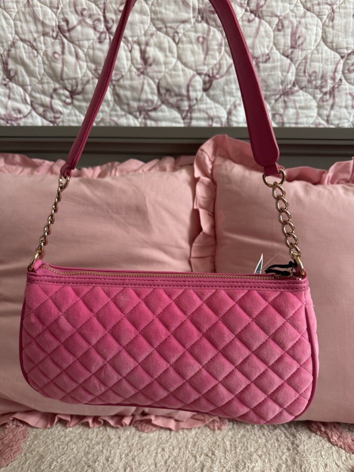 Juicy Couture Pink Quilted Shoulder Bag Gold Chain Strap Zip, Lined + Card