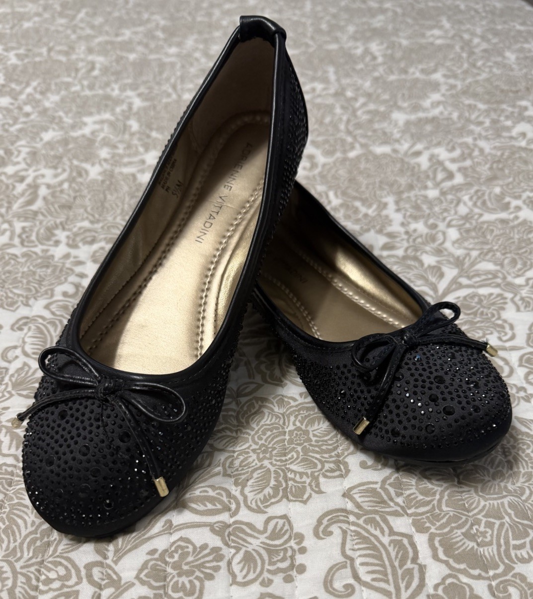 Adrienne Vittadini Women’s Black Rhinestone Bow Slip-On Ballet Flats 5.5 M