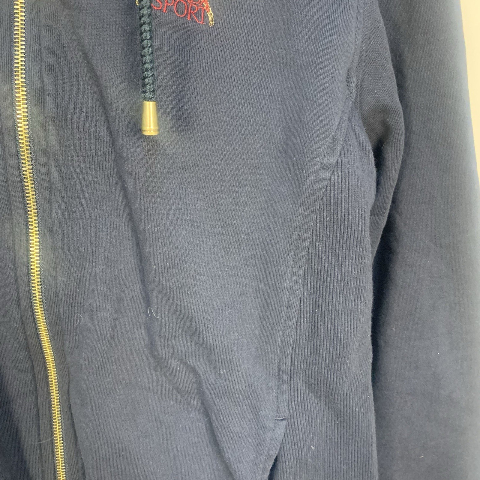 Escada Sport Front Zipper Logo Embroidered Sweatshirt Jacket Drawstring Navy M