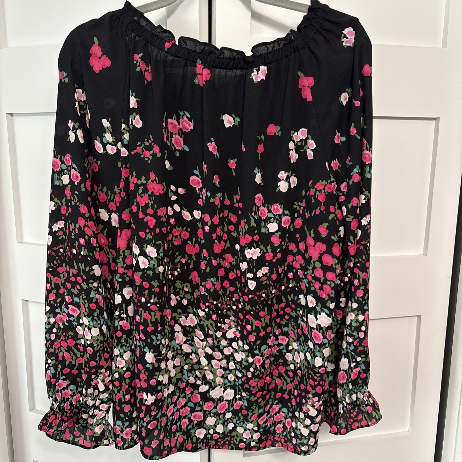 RSVP by Talbots Smocked Blouse XL black pink floral 3/4 Sleeve FREE shipping