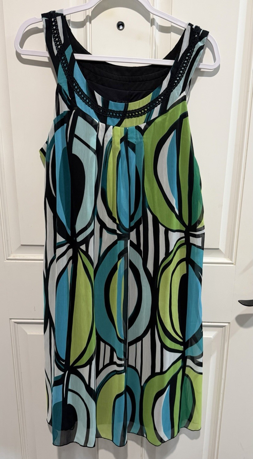 b.i.y.a.c.d.a. Turquoise Green Geometric Chiffon Maxi Dress Lace Sleeveless 14