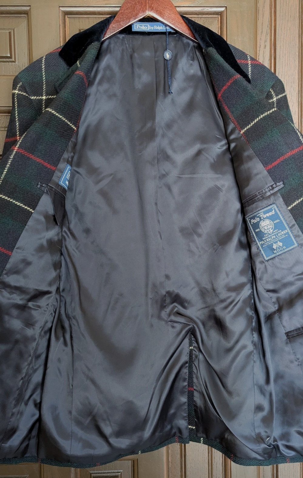 POLO Ralph Lauren Tailored Plaid Wool Suit Jacket, Velvet Collar, 38 R NEW Italy