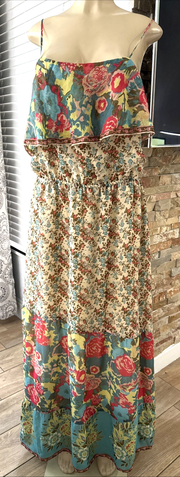 VTG Joie Silk Floral Green Tropical Sleeveless Maxi Dress Lined Sz L cc1