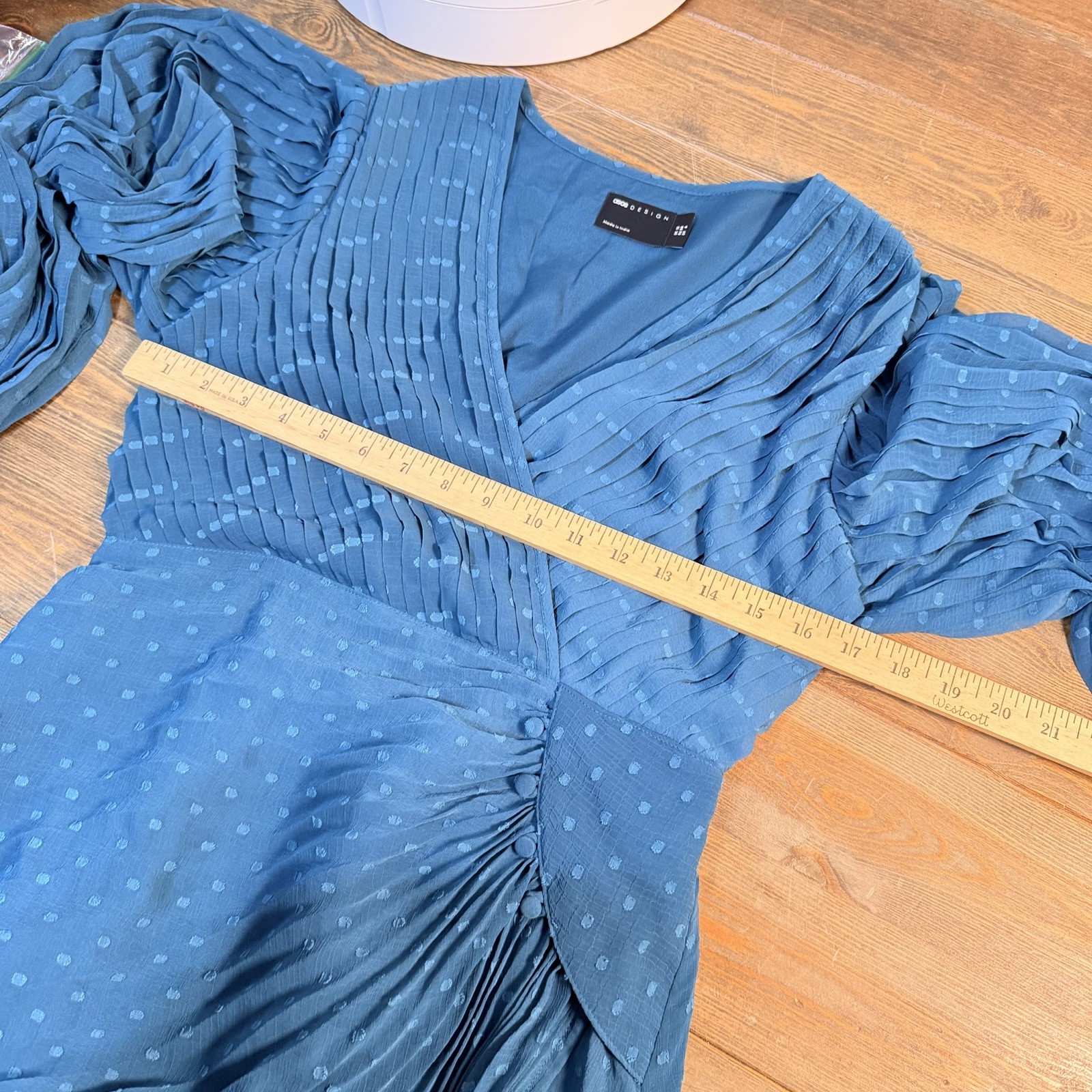 ASOS Design Teal Midi Dress Size 10 Long Sleeve Pleated Swiss Dot Chiffon