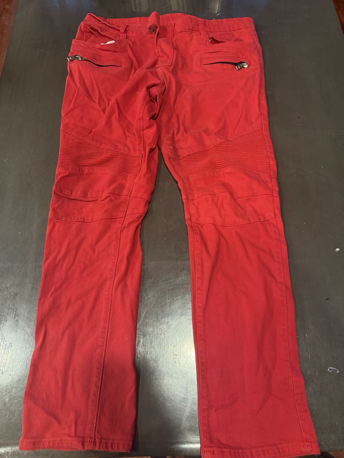 Balmain Paris Men’s Red Biker Jeans Slim Skinny Denim Zip Pockets 38W