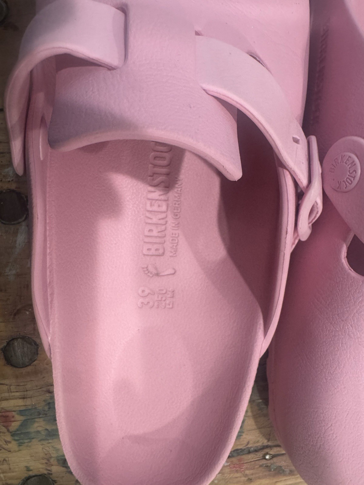 These are Birkenstock Boston EVA clogs in Fondant Pink