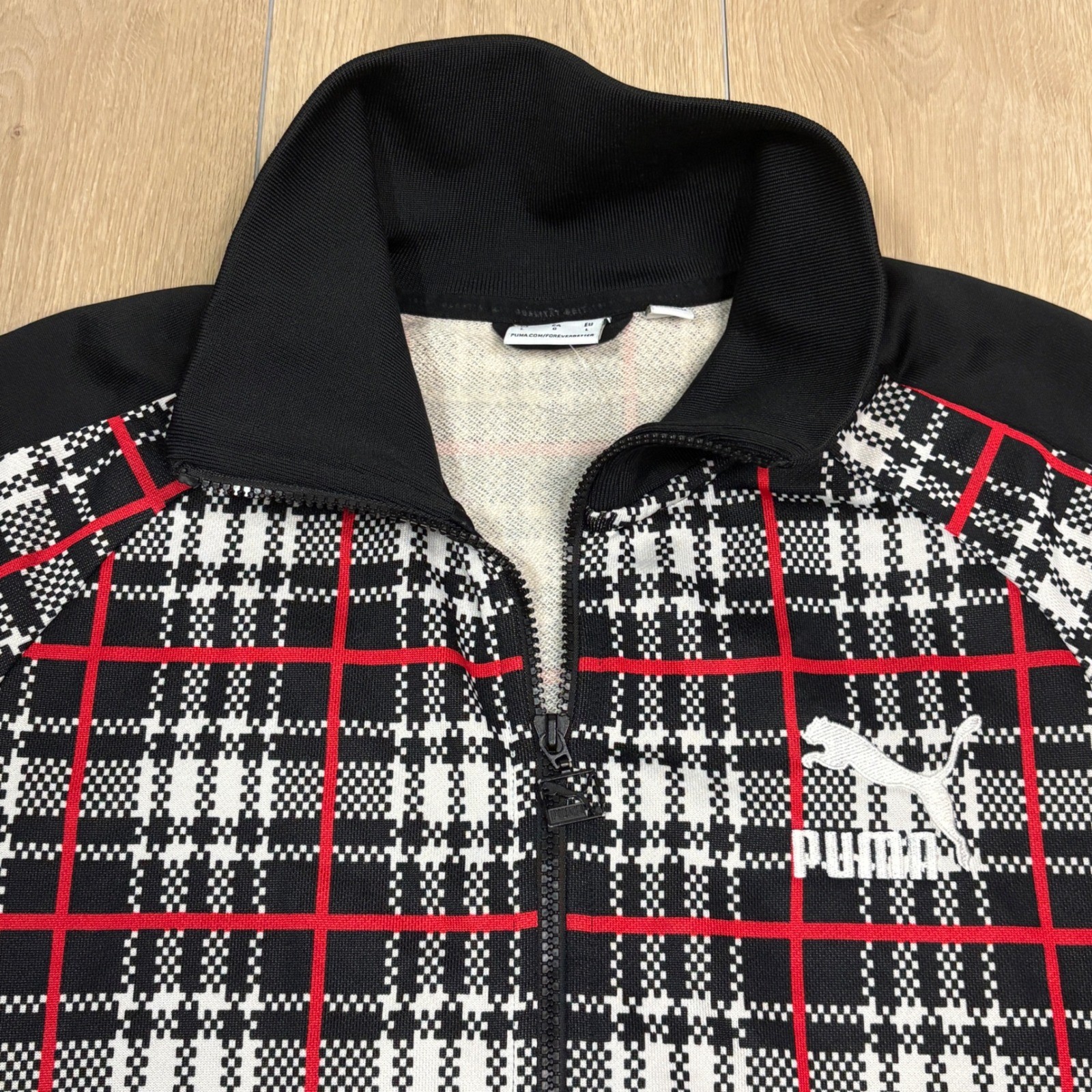 Puma T7 Track 68 Mens Large Plaid Funnel Neck Full Zip Track Jacket Black Red