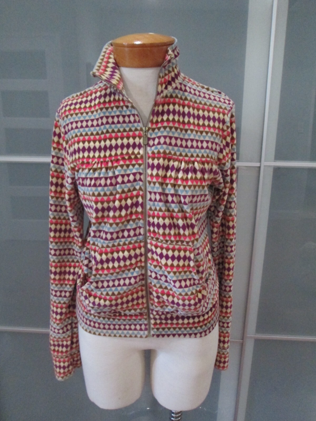 Farm Rio Velvet Long Sleeve Geometric Print Zip Through Jacket Sz G / L