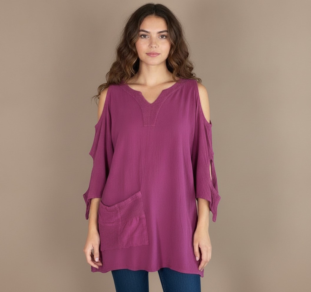 Coastal Resort Ready Magenta Cotton Cold Shoulder Cut Out Top Size S Bohemian
