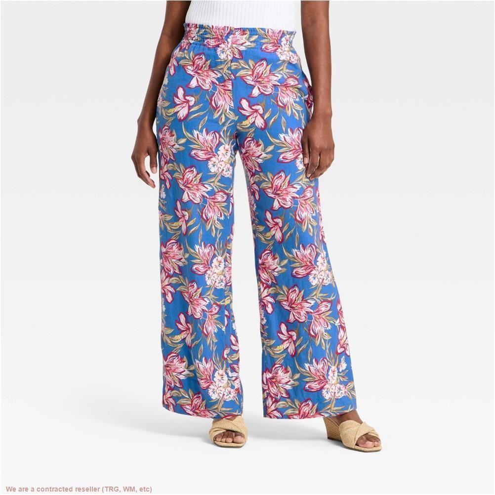 Women’s Linen Wide Leg Pull-On Pants – A New Day Blue Floral M *SEE DEAL!!!*