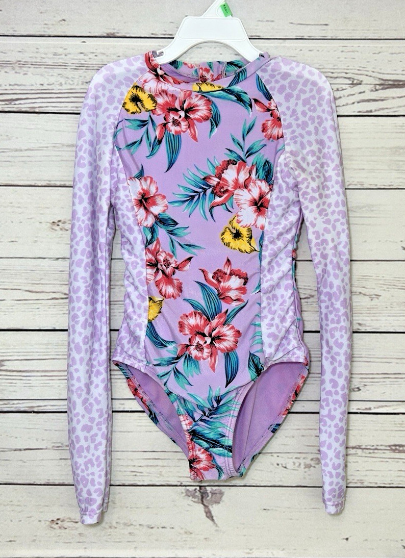 Cat & Jack One Piece Bathing Swim Suit Tropical Long Sleeve Back Zip Size S 6-7
