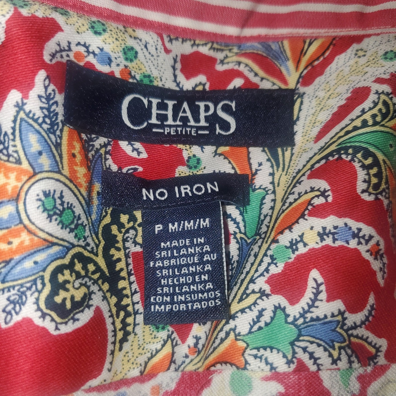 Chaps Petite M No Iron 100% Cotton Red Paisley Button Shirt Flip Stripe Cuff