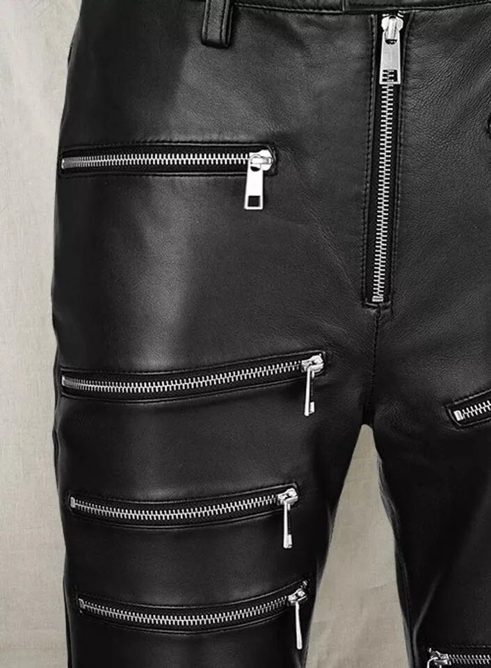 Men’s Black Leather Zipper Biker Pants Real Lambskin Custom Size 28 to 40 – 002