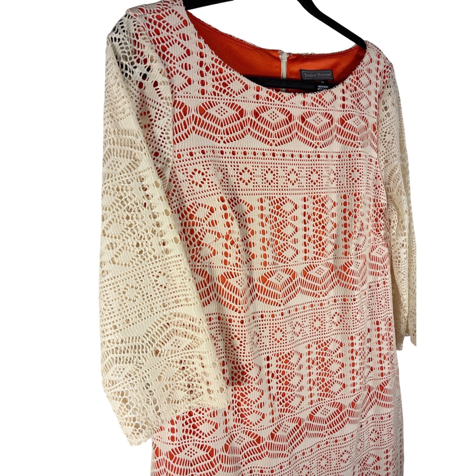 Jessica Howard Ivory Lace Overlay Orange Fringe Hem 3/4 Sleeve Dress Sz 14