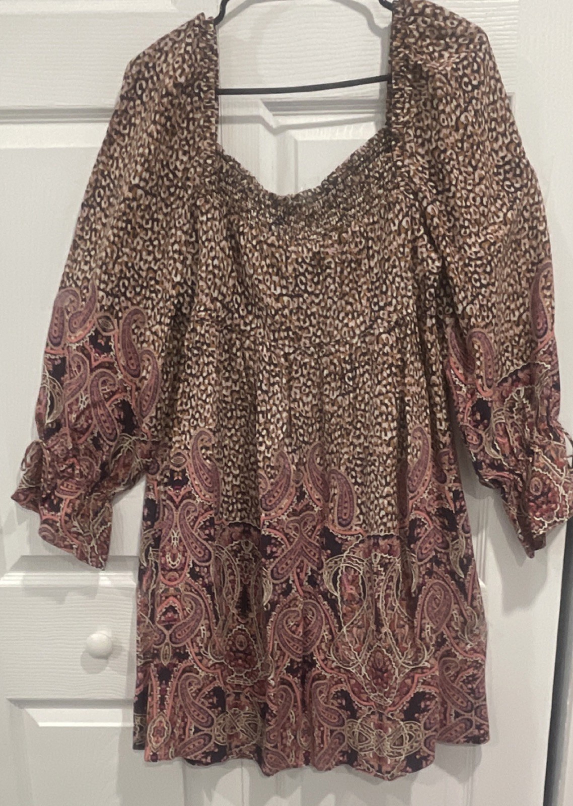 Maeve Mini Dress M Brown/Pink Paisley Square Neck Smocked 3/4 Puff Sleeve