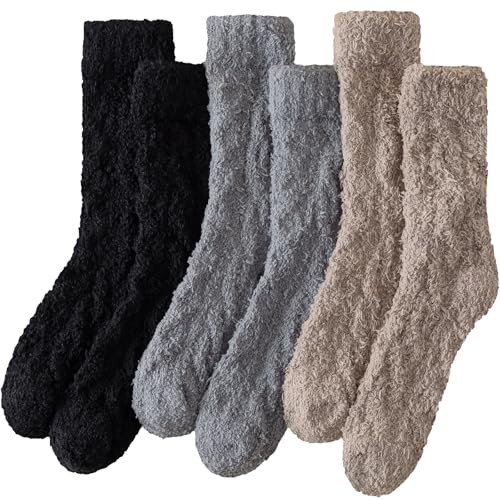 Premillow Womens Fuzzy Socks Fluffy Socks 3 Pairs Black&dark Grey& Light Brown