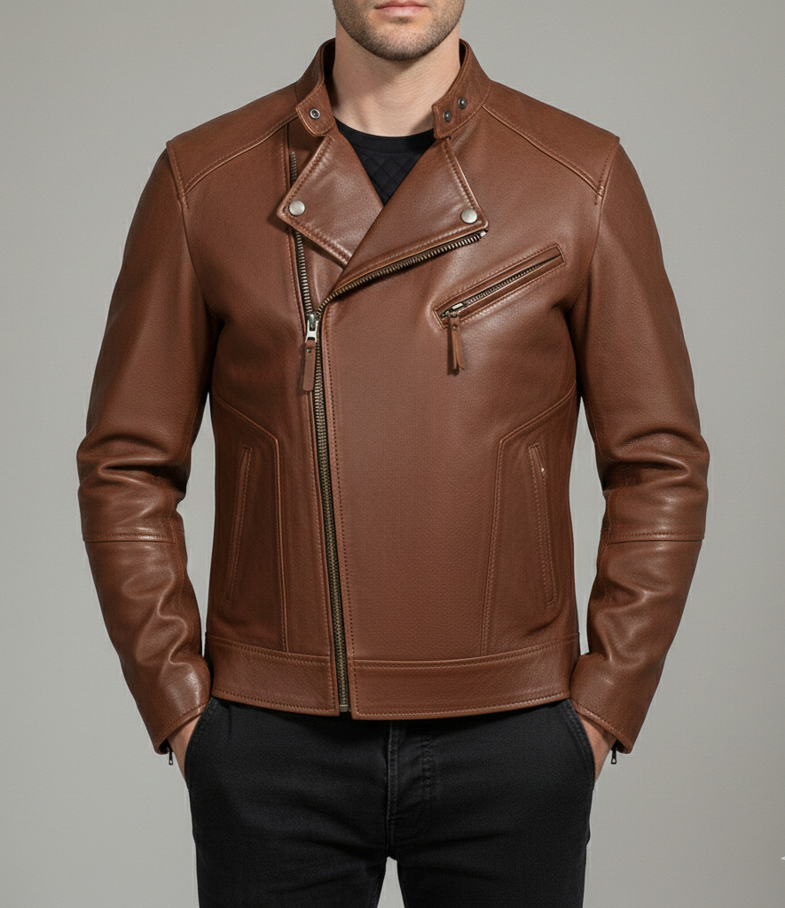 Mens Genuine Brown Leather Biker handmade Jacket Cafe Racer Motorcycle Coat