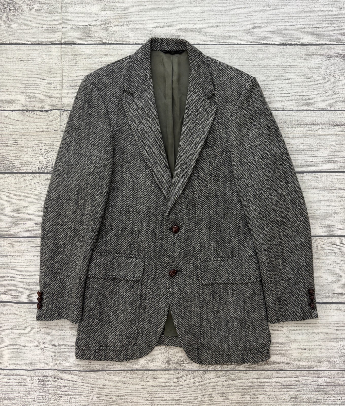HARRIS TWEED Mens 38R Black Gray Herringbone Scottish Wool Jacket Blazer VTG
