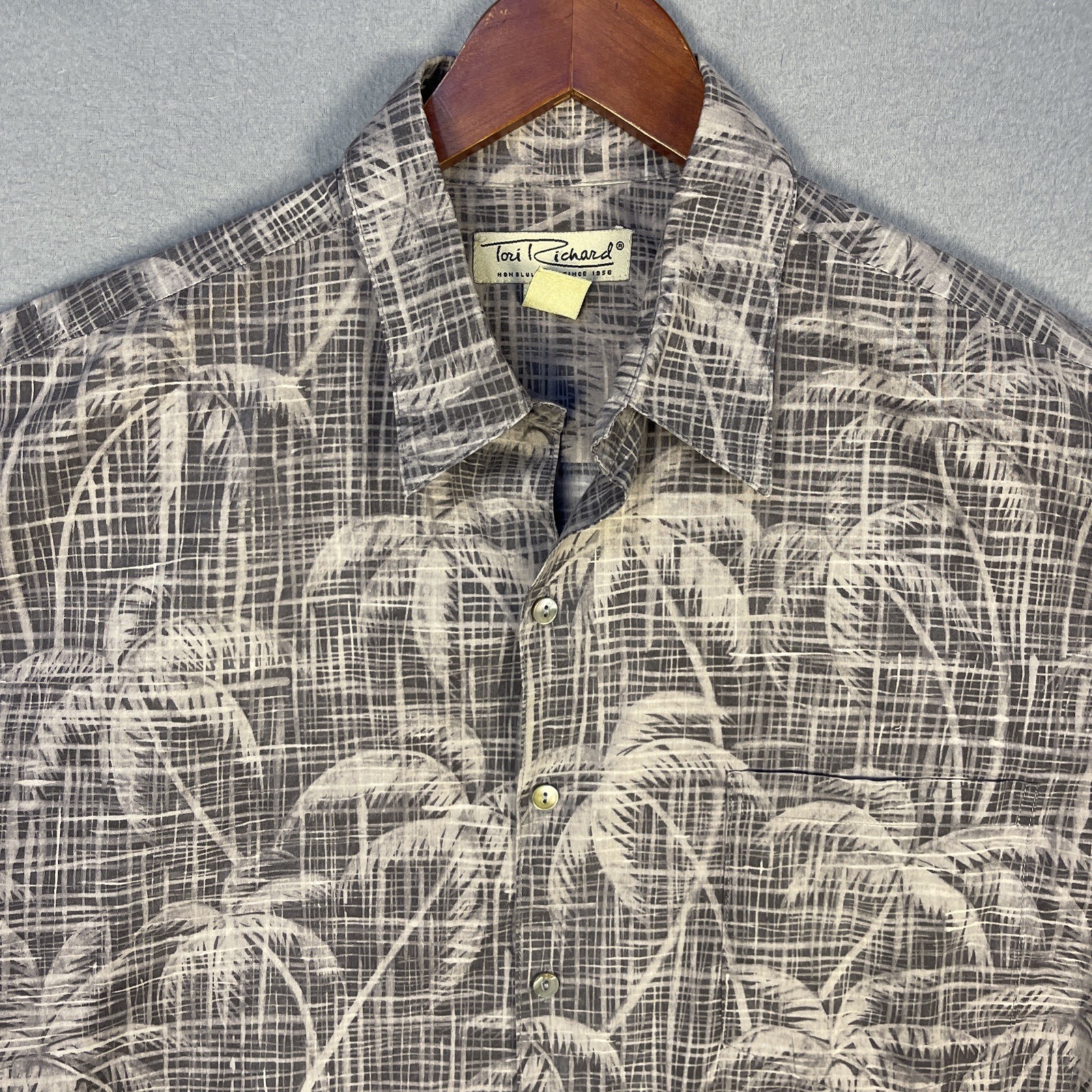Tori Richard Shirt ens L Grey Palm Grid Cotton Lawn Aloha Hawaiian Made in USA