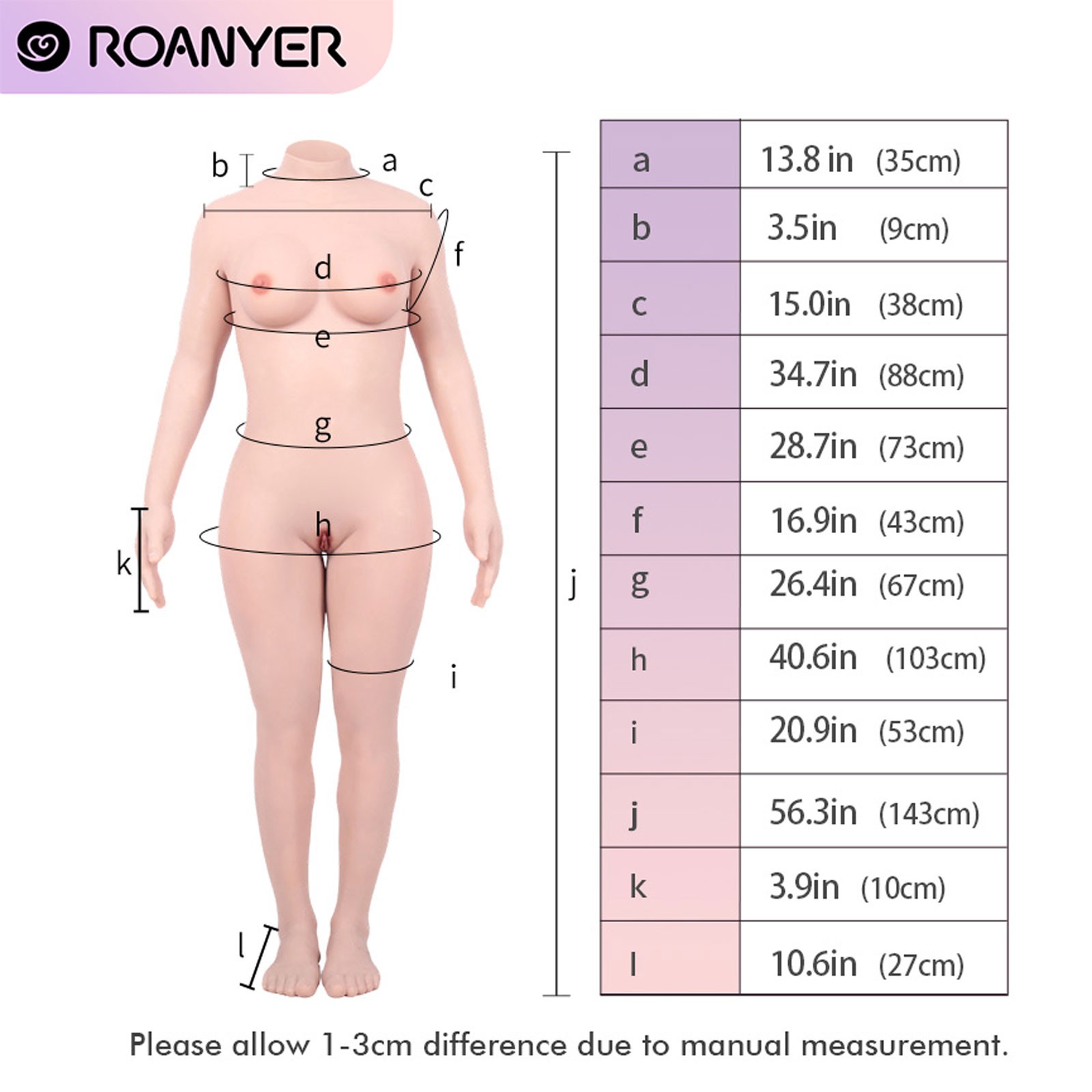 Roanyer Silicone Bodysuit with D Cup Fake Boob Integrated Hands Feet with Zipper