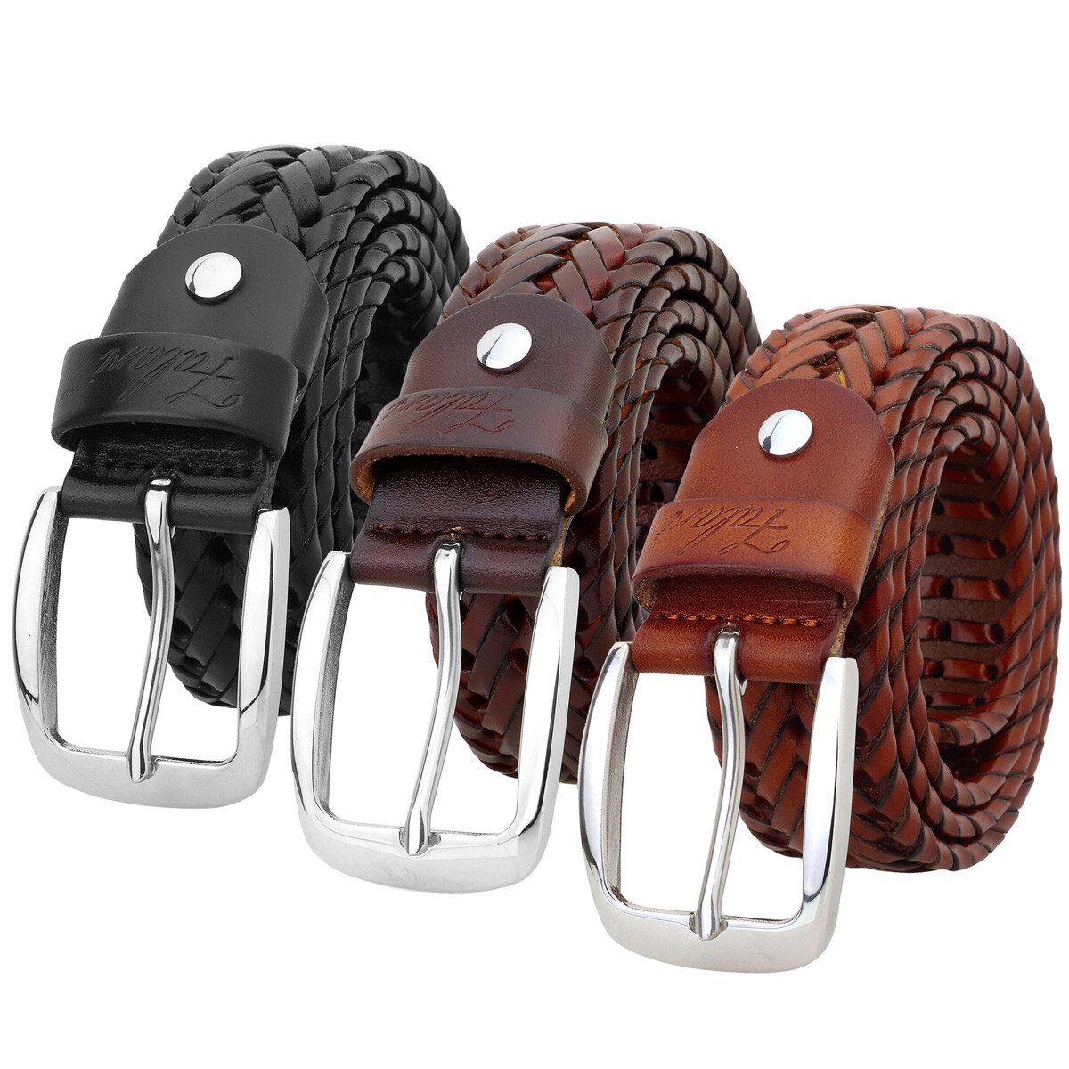 Falari® Men Leather Hand Braided Belt Stainless Steel Buckle Casual Dress Belt