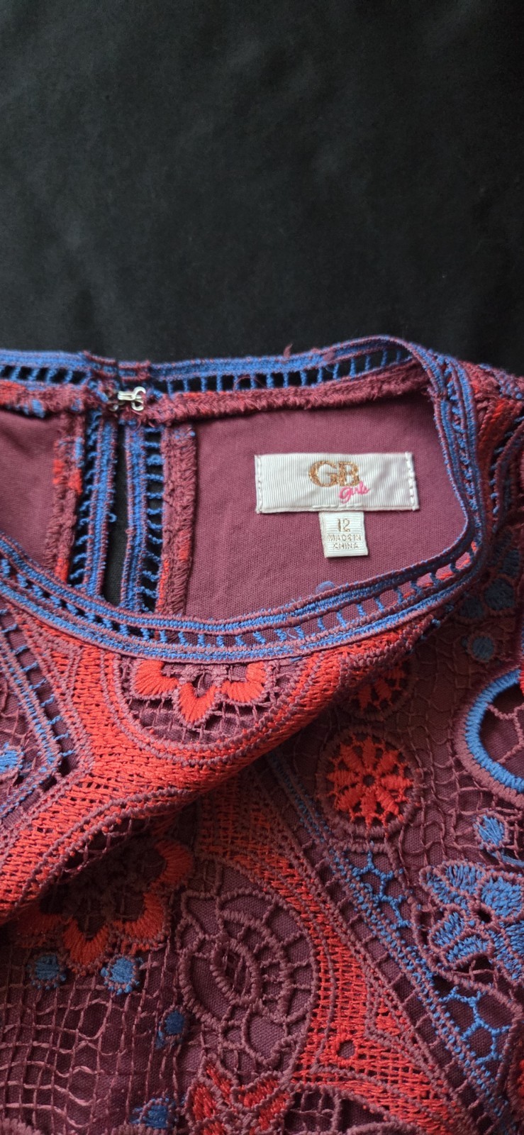 GB Girls Size 12 Red Blue Purple Embroidered Lace Overlay Short Sleeve Dress