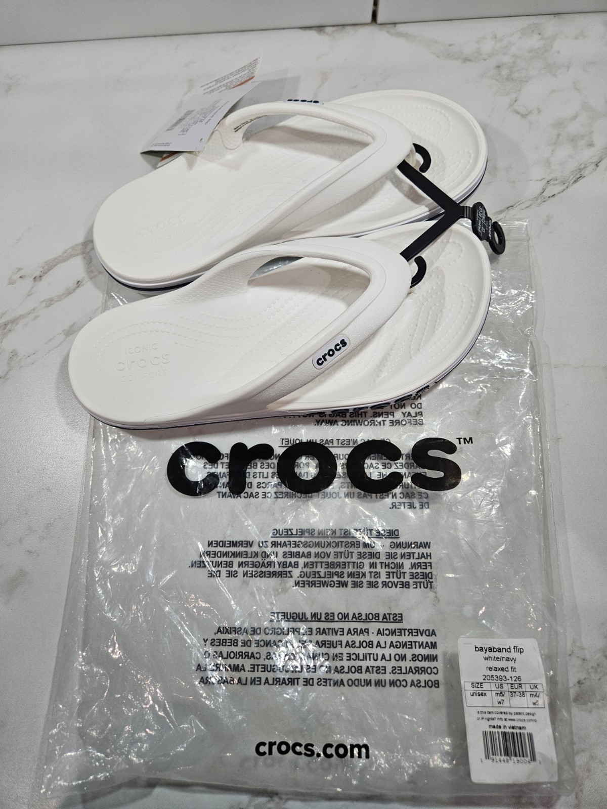 Crocs Bayaband Flip White Navy Comfort Thong Sandals Unisex M5/W7