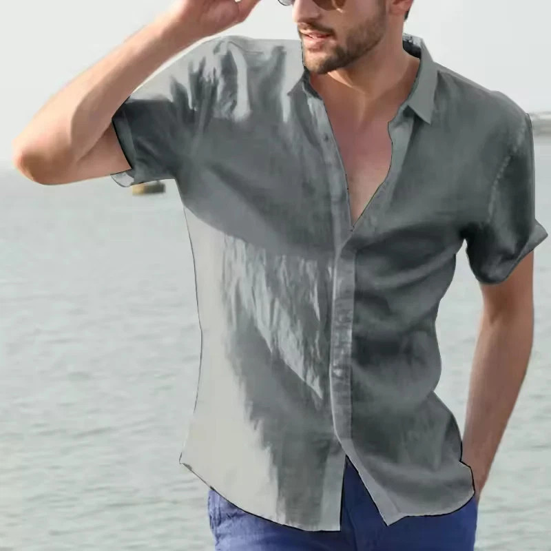 Men’s Summer Linen Short Sleeve Shirt Casual Solid Button-Down