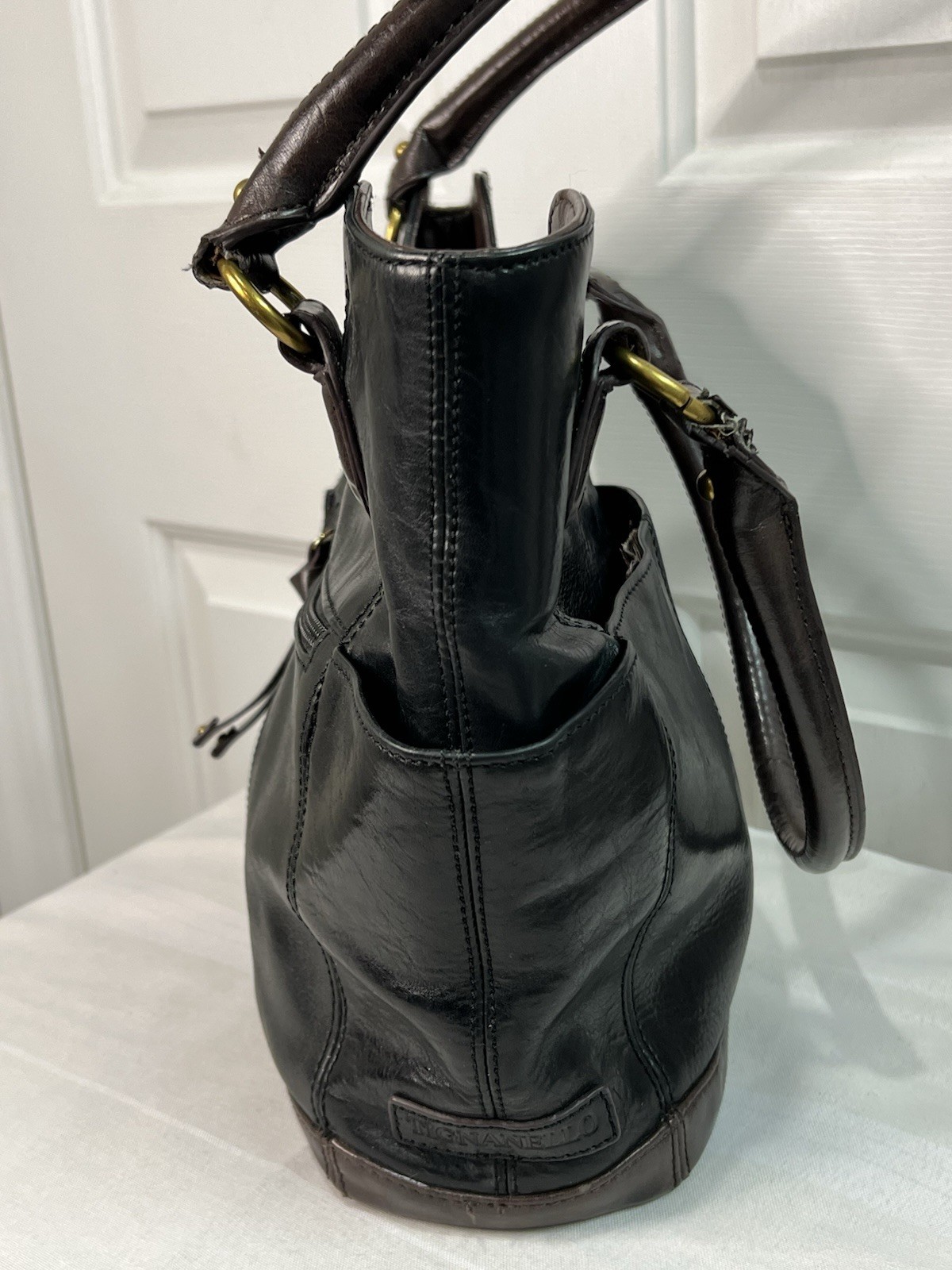 Tignanello Black Leather And Brown Man Made Trim Color Block Shoulder Bag